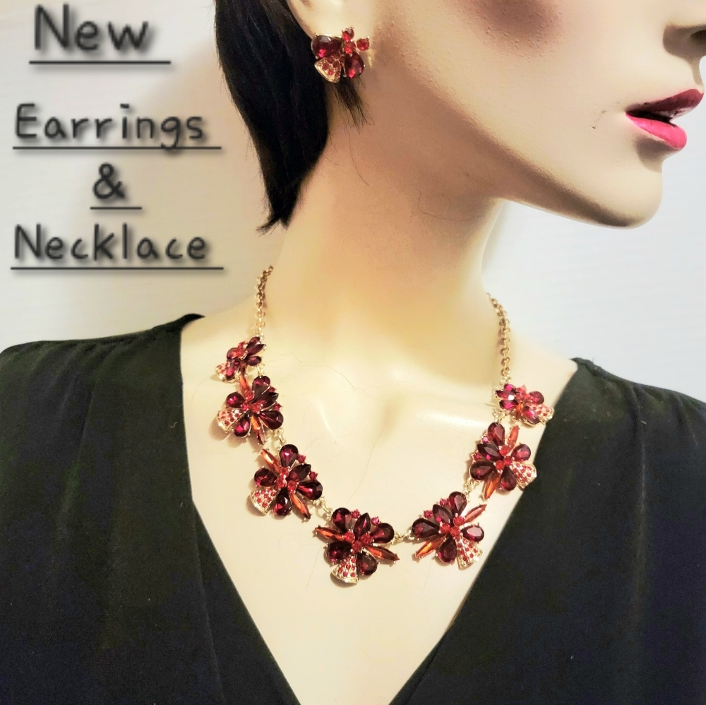 CG Couture Gems rhinestone necklace & earring set GA-5782 Red & Gold Tone NEW